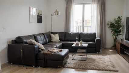 Dark brown leather sectional sofa in a modern living room.