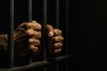 Close-up of hands gripping prison bars in dim lighting