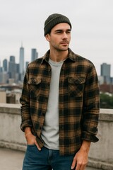 Obraz premium Young Man in Plaid Shirt and Beanie Standing on Urban Rooftop with City Skyline
