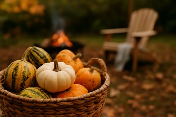Basket of colorful pumpkins outdoors with fire pit and Adirondack chair in autumn setting