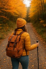 Naklejka premium Woman hiking on forest trail in autumn, wearing yellow jacket and beanie, surrounded by vibrant fall foliage