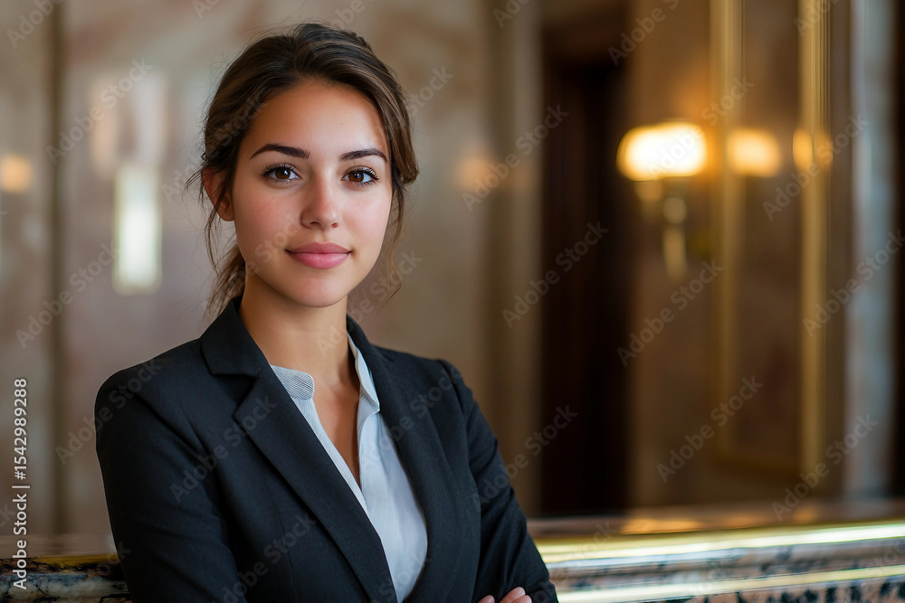 Poster happy receptionists cooperating while working on computer at hotel front desk, generative ai image