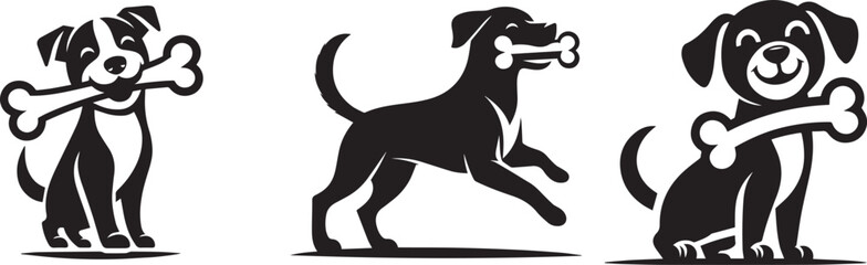 Black and White Vector Silhouette Set of a Happy Dog Holding a Bone in Its Mouth Perfect for Pet Themes Logos and Fun Animal Illustrations