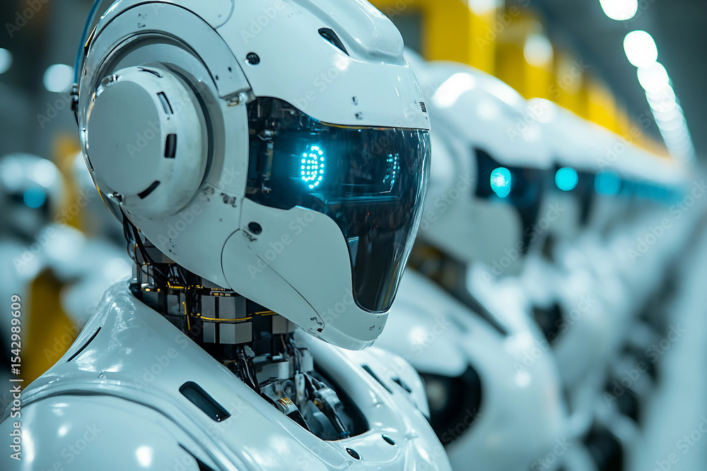 Poster a close-up of a humanoid robot's face, with other robots in the background ai generative