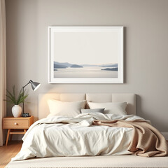 mockup poster frame in cozy bedroom interior soft textured headboard backdrop modern hygge aesthetic with versatile A3 paper size realistic 3D render suitable for print on demand home decor art showca