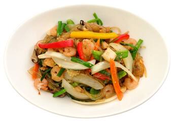 Stir-Fried Korean Glass Noodles with Seafood and Vegetables