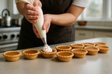 Chef decorating homemade pumpkin tarts with whipped cream in a modern kitchen