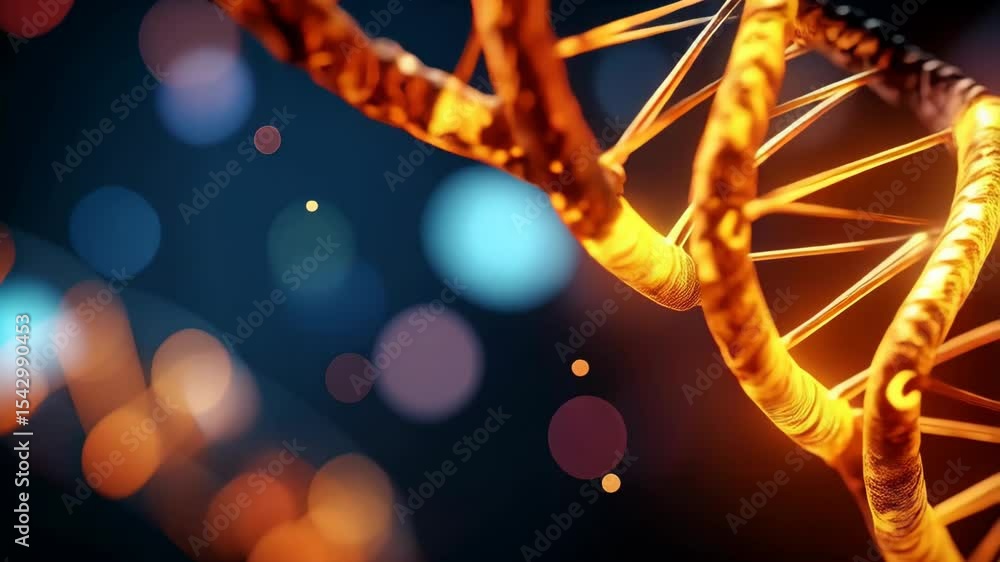 Poster digital rendering of illuminated dna double helix structure with golden highlights against a dark ba