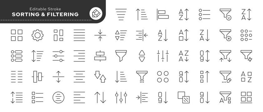 Sorting and filtering line icon set. Filter, sort, data, pattern, order, structure, digital management, processing, template and more. Outline icon in linear style. Vector collection.	