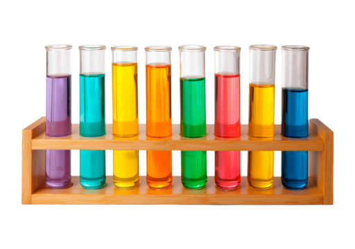 Colorful test tubes with chemicals in wooden rack for science experiment display on transparent background, PNG