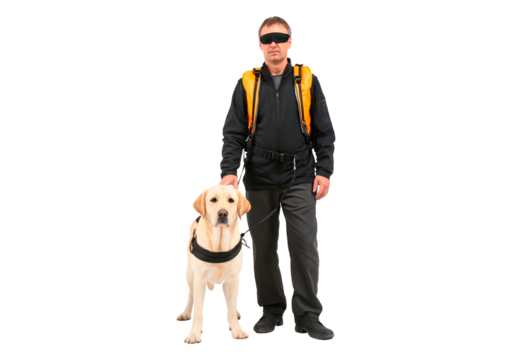 Assistance dog guiding blind person with backpack for independence and mobility on transparent background, PNG
