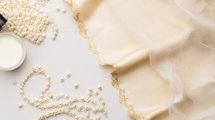 Elegant wedding and birthday card invitation design with pearls and fabric studio setting soft lighting