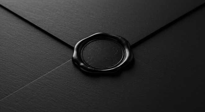 A black envelope sealed with a black wax seal. No pattern on a wax seal.