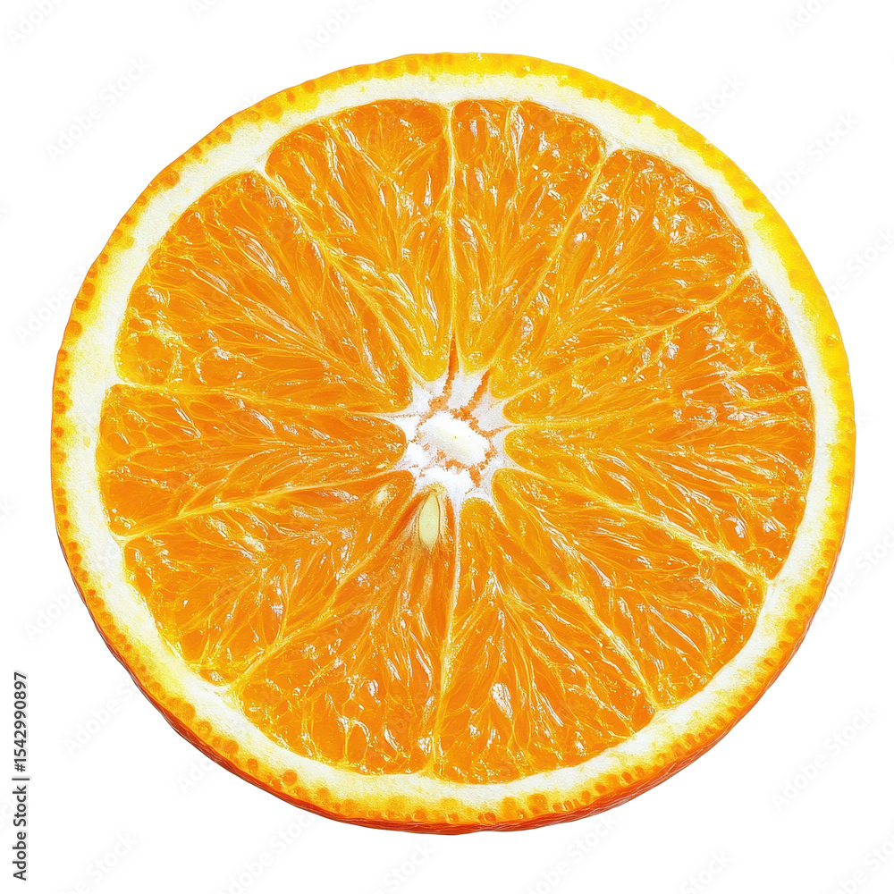 Poster freshly sliced orange on clean transparent background displaying natural colors and textures, slice 