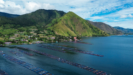 Aerial View of Floating Fish Farms on Lake Toba, Karo Highlands © Sumaterra Aerial