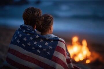 Couple sits close together near a beach bonfire wrapped in an American flag blanket