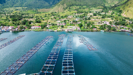 Aerial View of Floating Fish Farms on Lake Toba, Karo Highlands