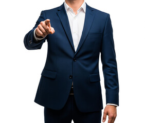 Confident businessman in formal blue suit pointing directly at the camera with authority, leadership, and motivation on white background