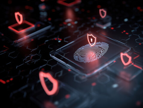 Digital Fortress: A captivating digital depiction of a fingerprint scanner integrated with high-tech security measures, showcasing a futuristic concept of data protection and cyber defense.