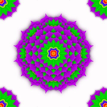 A vibrant mandala flower with layered petals in green, purple, and orange. Perfect for prints, textiles, backgrounds, or decorative art.