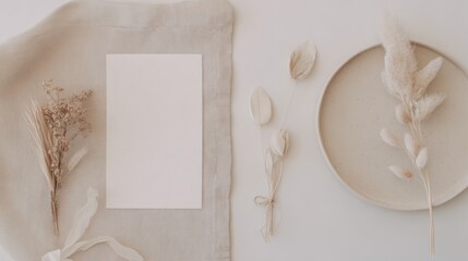 Elegant wedding and birthday invitation card design with natural elements minimalist style soft lighting table setting