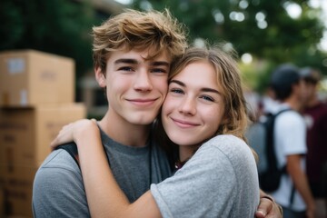 Fototapeta premium Heartfelt connection of male student and sister in school setting