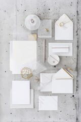 Elegant wedding and birthday card invitations on minimalist surface creative design modern aesthetic top view