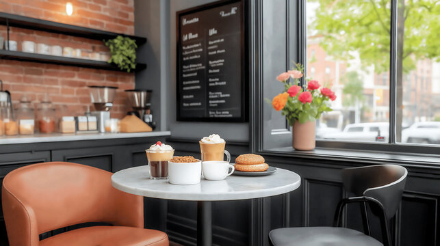 Steaming coffee cups and pastries are served in a warm café with exposed brick walls, vintage decor, and a charming chalkboard menu. - Powered by Adobe