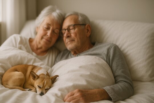Elderly couple and small dog sleeping peacefully together in bed