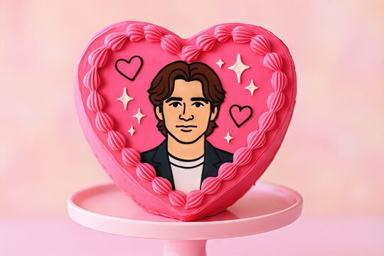 Heart-shaped cake with celebrity cartoon portrait