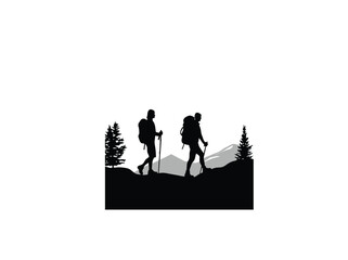 Silhouette of hikers walking along a mountain trail with backpacks on white background