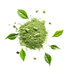 Exploring the vibrant world of green tea leaves and matcha green tea powder on a Transparent background, Tea leaves and matcha green tea powder isolated on PNG background