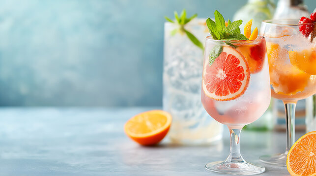 A cocktail menu featuring vibrant drinks with fruits and botanical garnishes, served in stylish glassware on a marble bar in a chic, modern gin bar with ambient lighting.