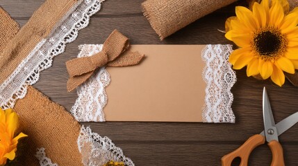 Beautiful card invitation for wedding or birthday celebration rustic setting nature inspired top-down view