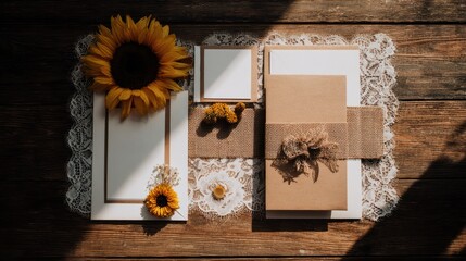 Elegant wedding and birthday invitation cards with sunflower decor rustic setting natural lighting