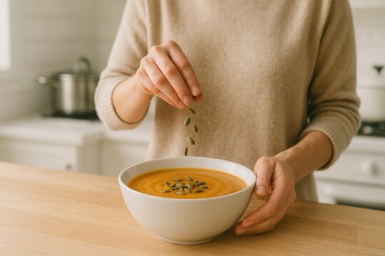Woman sprinkling pumpkin seeds on homemade butternut squash soup in kitchen