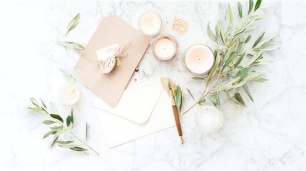 Elegant wedding and birthday card invitation ideas on marble background soft lighting decorative elements