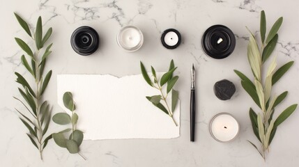 Elegant card invitation for a wedding or birthday celebration styled on marble with greenery modern aesthetic
