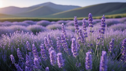 Obraz premium Lavender Field Blooming with Mountain Backdrop at Sunrise or Sunset