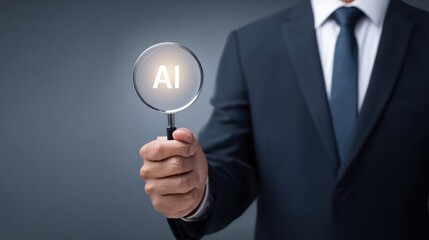 Businessman Holding Magnifying Glass with AI Text for Analysis