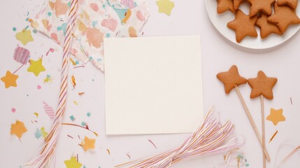 Creative card invitation for a wedding or birthday celebration festive environment with cookies and decorations