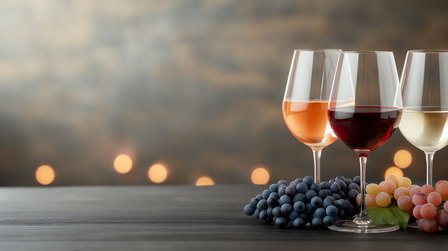 An elegant wine menu featuring red, white, and rosé wines in crystal glasses, paired with grapes on a dark, polished wooden table in a refined wine bar setting.
