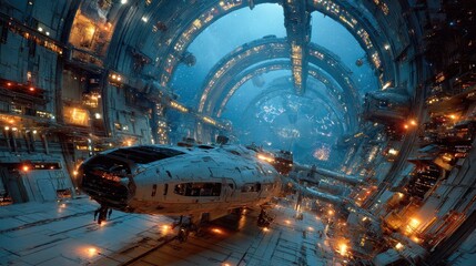 Spaceship docked inside a massive rotating space station 