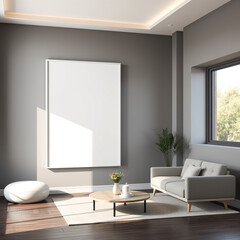 mockup of a blank wall poster in modern living room interior design stylish home decor 3D render with house background creative print on demand display empty frame photography for artists and designer