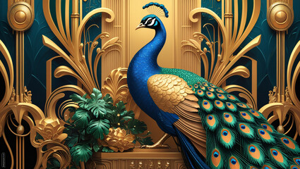 Majestic Peacock in Art Deco Setting Gold Teal Feathers Luxury Bird Design
