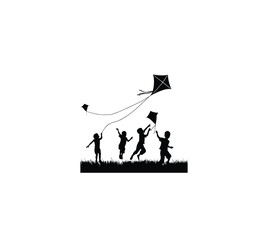 Silhouette of kids flying kites in an open field. on white background