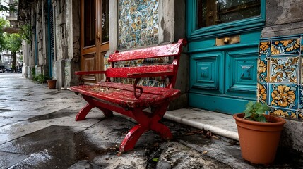 Red bench, city street, tile facade, rest