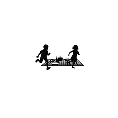 Silhouette of kids running around a picnic setup on white background