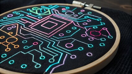 Obraz premium Futuristic cyberpunk embroidery — circuit patterns stitched in neon threads on black mesh