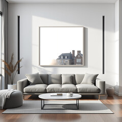 mockup of empty frame in modern living room interior stylish wall art display poster template contemporary home design showcase realistic room background print on demand photography with iso paper siz